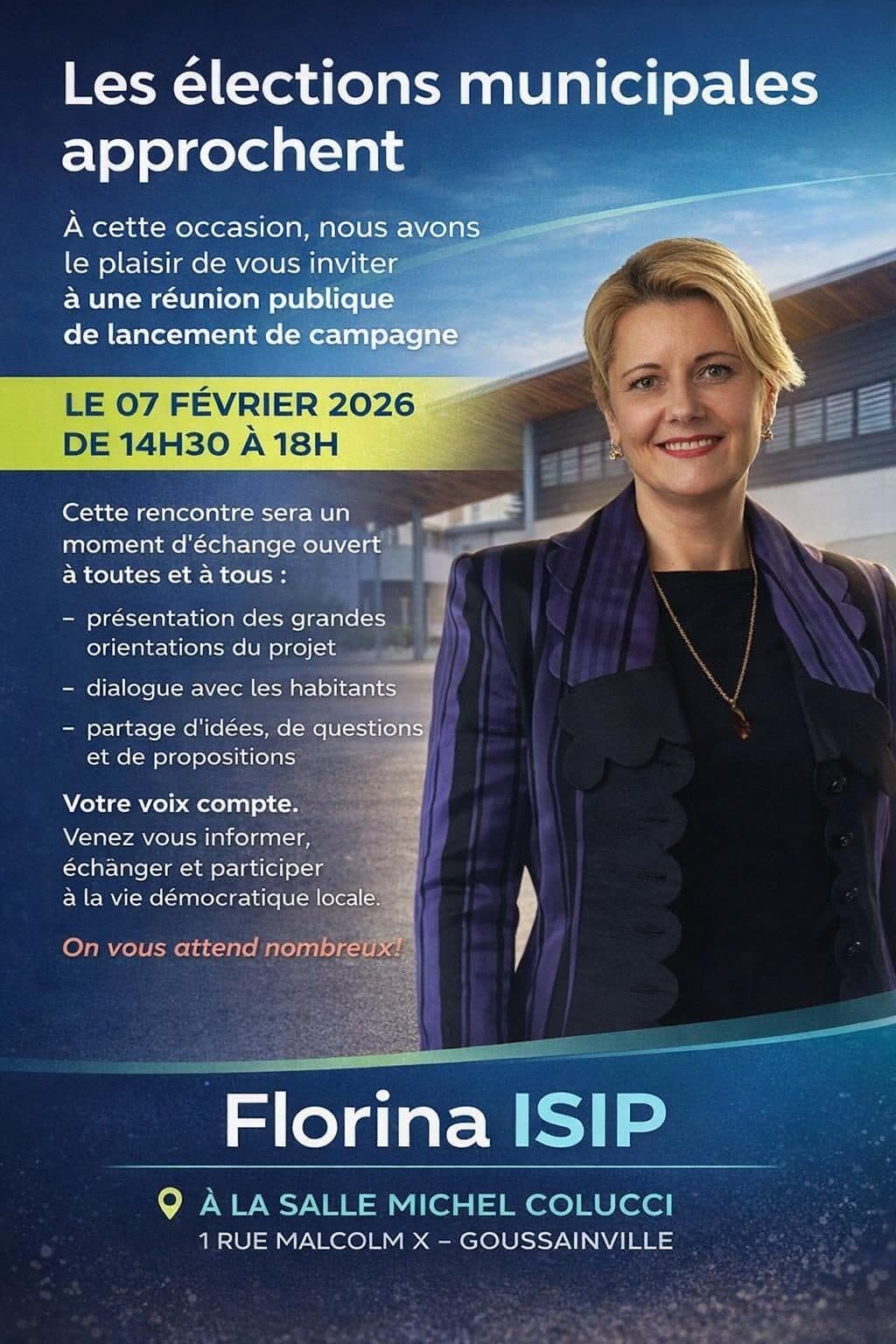 Invitation à la réunion publique de lancement de campagne de Florina Isip, le 7 février 2026 à Goussainville