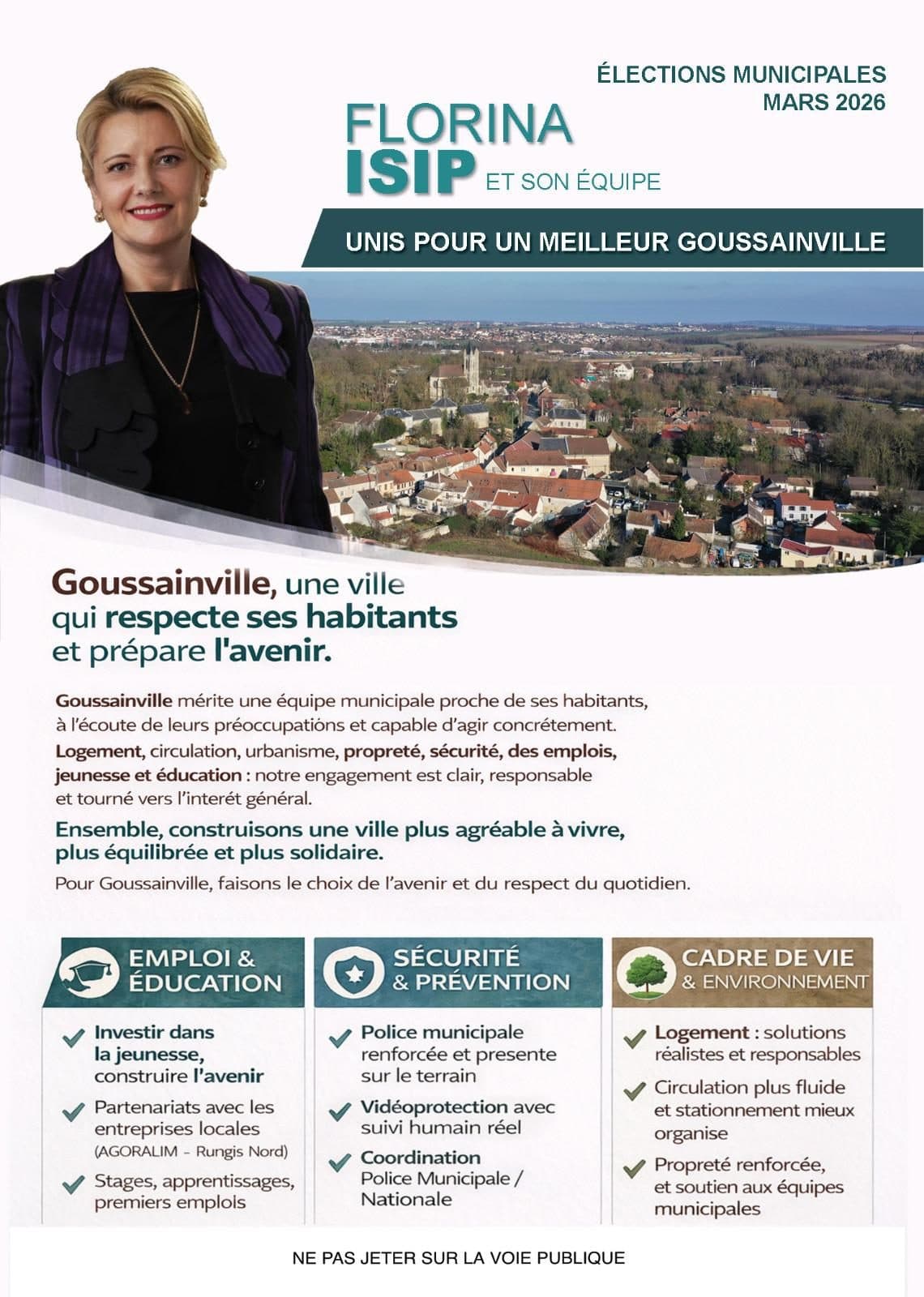 Tract de campagne « Unis pour un meilleur Goussainville » présentant Florina Isip et son équipe, élections municipales mars 2026