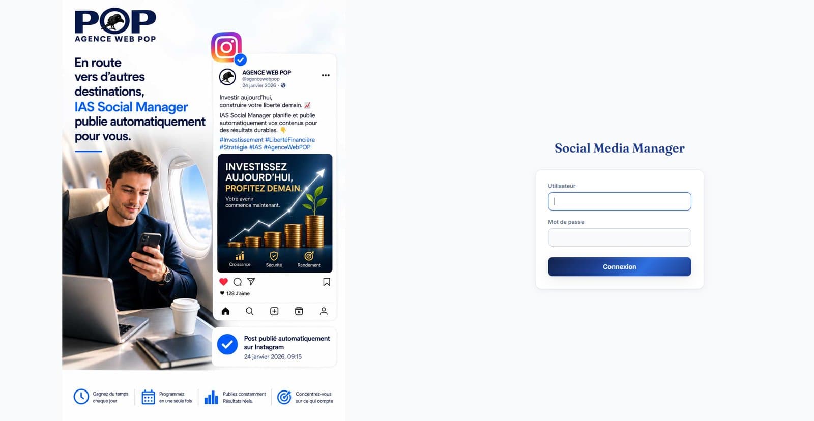 Visuel de présentation de IAS Social Media Manager : publication automatique sur Instagram et écran de connexion de l'application