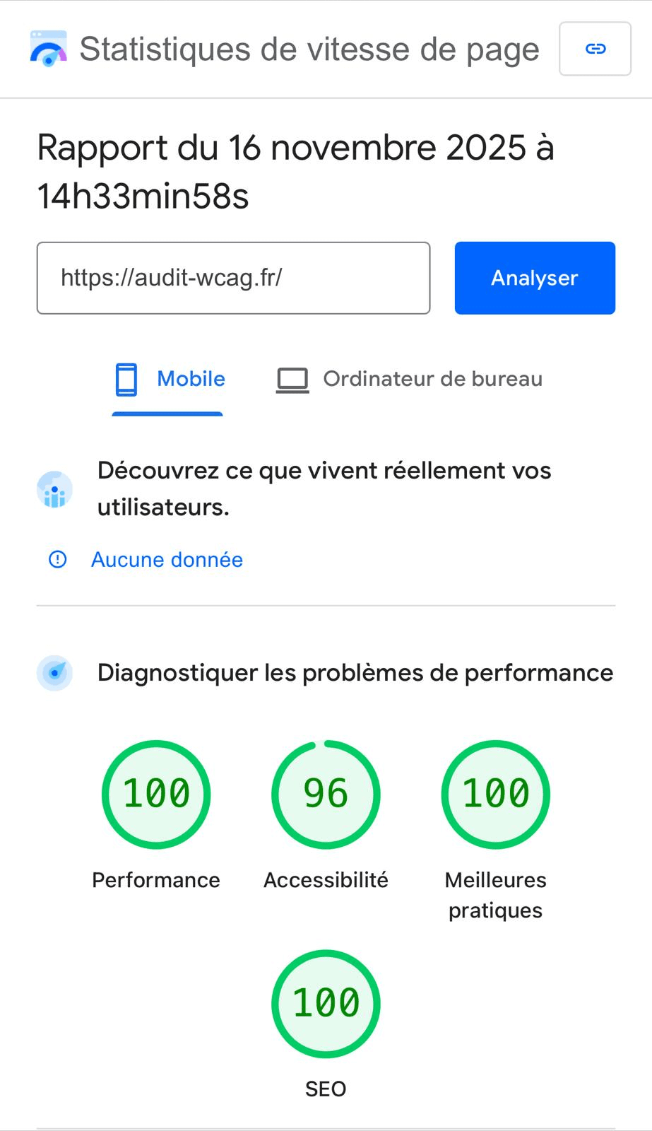 Score Core Web Vitals audit-wcag.fr