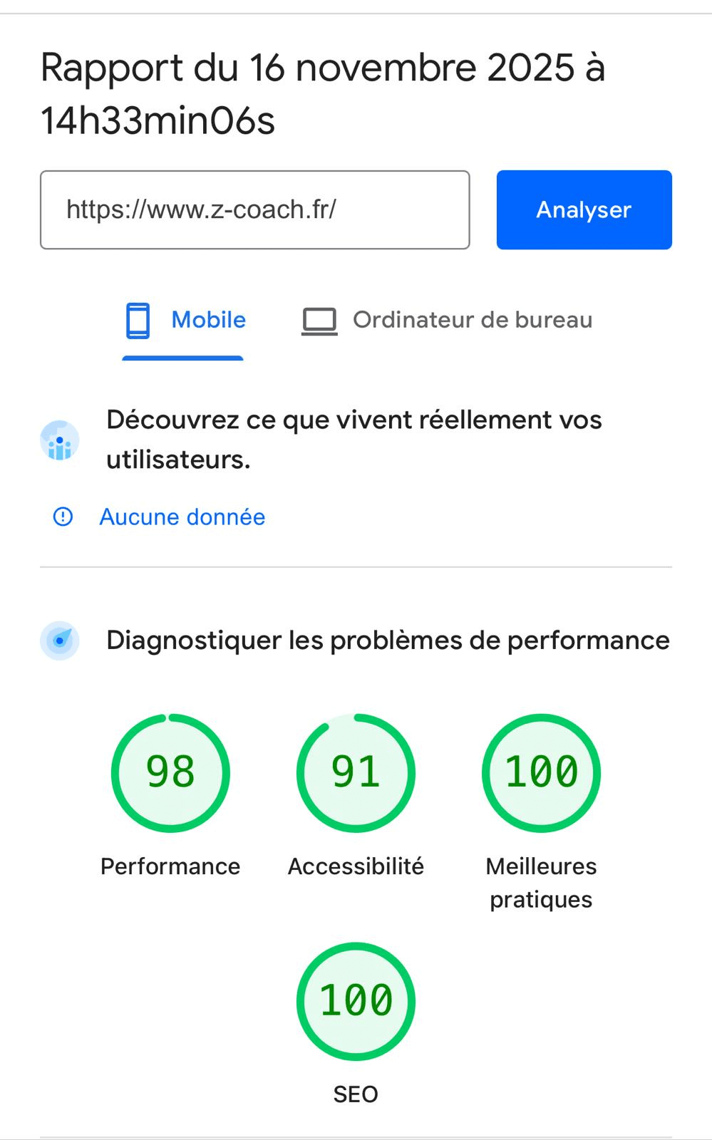 Score Core Web Vitals z-coach.fr