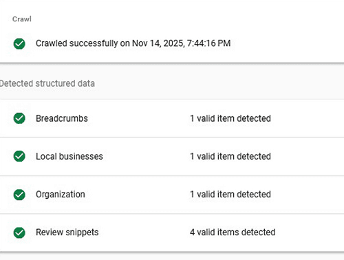 Google Search Console - Données structurées validées : Breadcrumbs, Local Business, Organization, Review Snippets