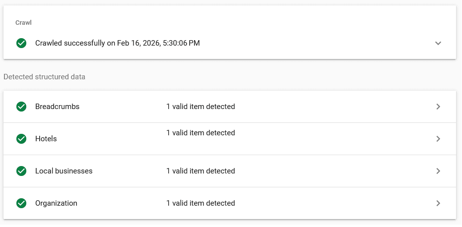 Google Search Console - Données structurées validées : Breadcrumbs, Hotels, Local Business, Organization