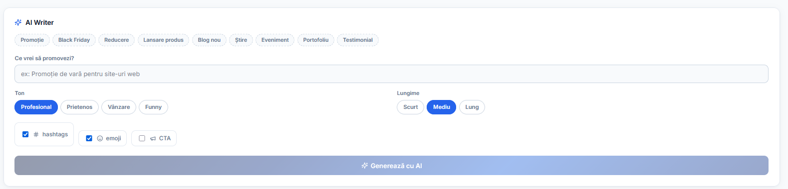 AI Writer intégré : générez des textes promotionnels pour vos réseaux sociaux