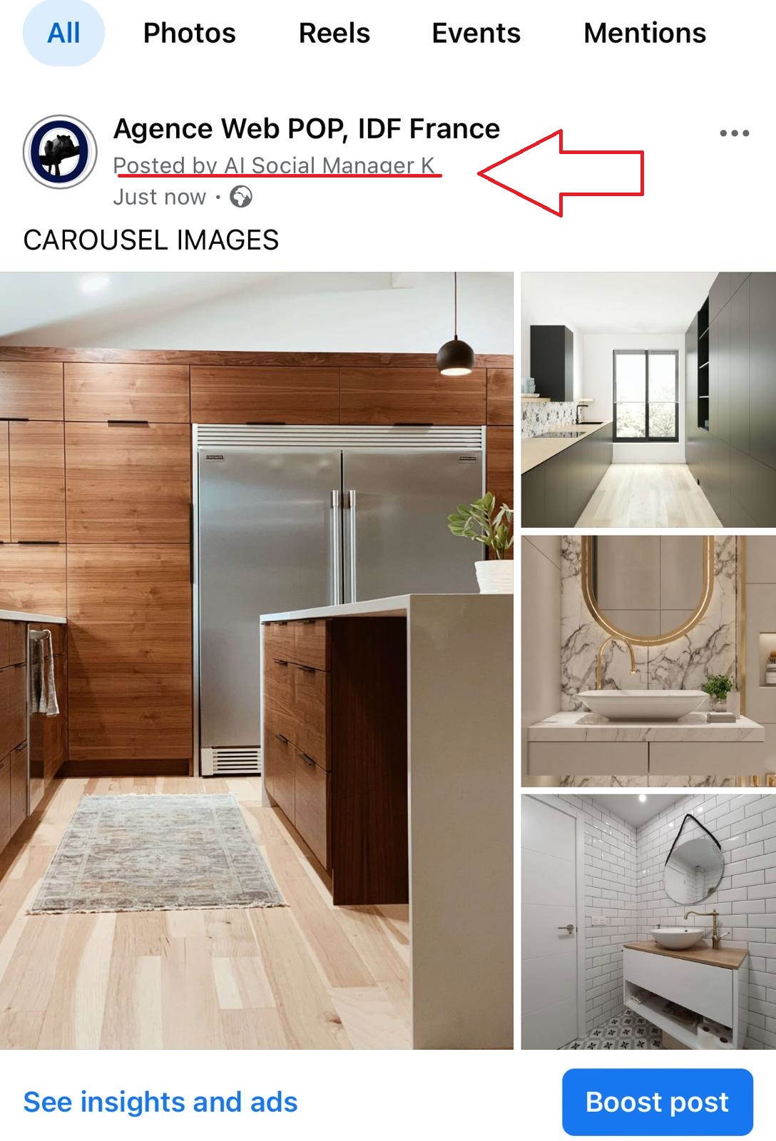 Facebook Business Page — Texte + carrousel d'images + hashtags