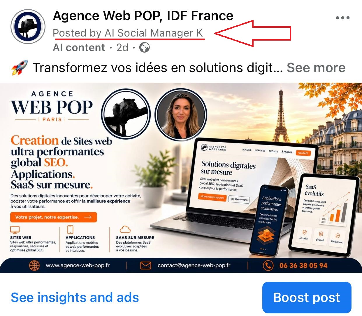 Facebook Business Page — Texte + image + hashtags
