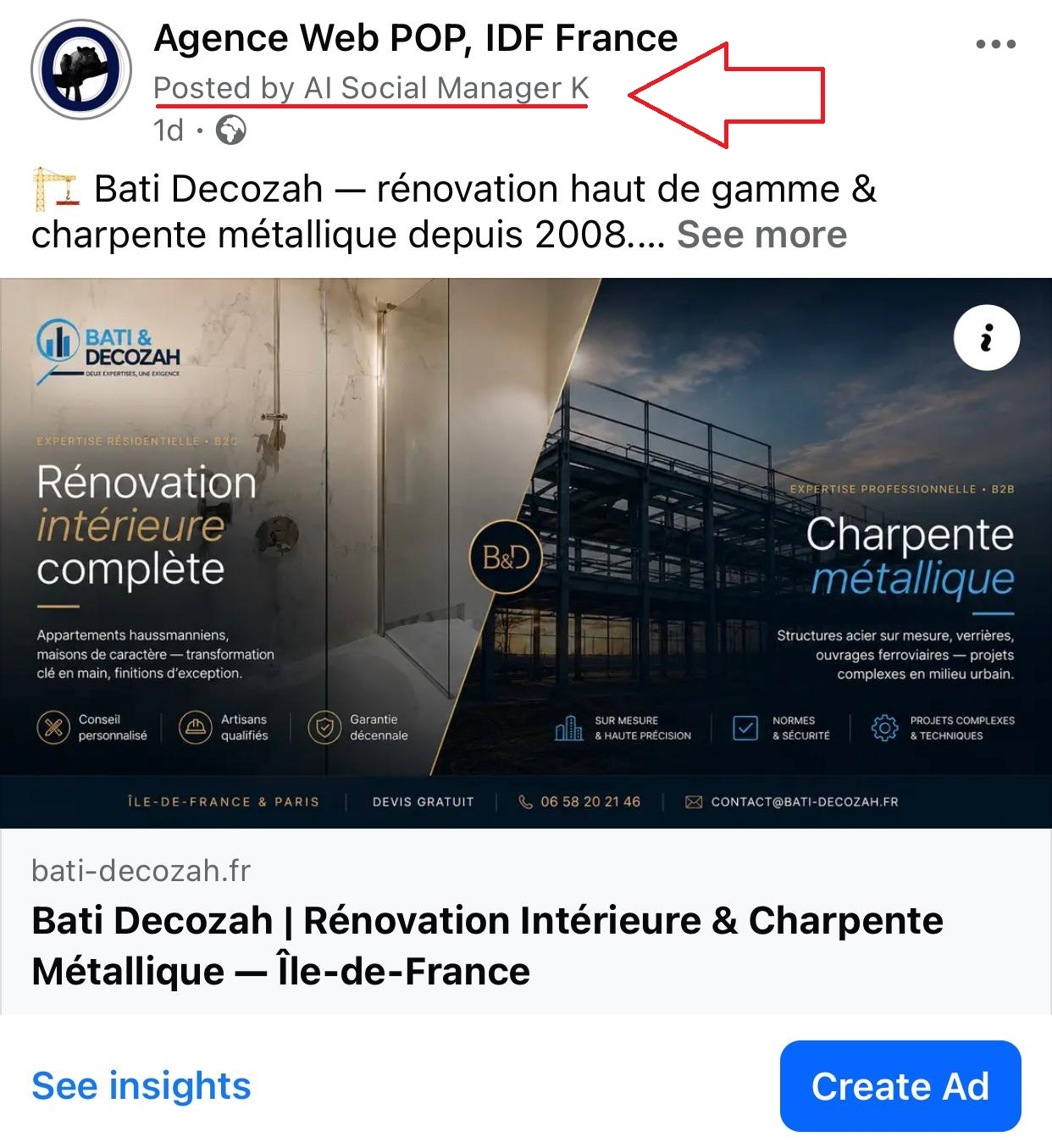 Facebook Business Page — Page site web (lien) + texte + hashtags