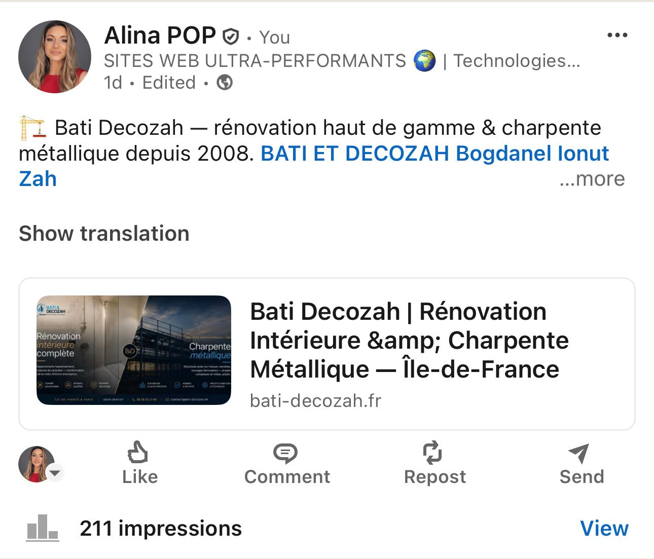LinkedIn — Profil personnel & Page Entreprise — Page site web (lien) + texte + hashtags
