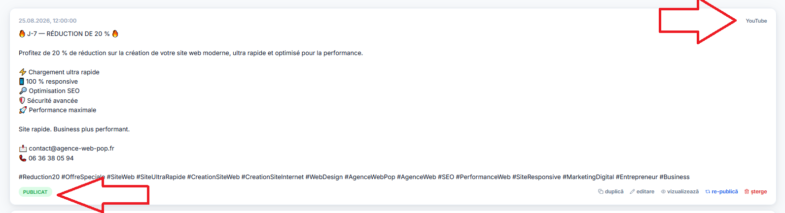 YouTube — Vidéo + texte de présentation + hashtags